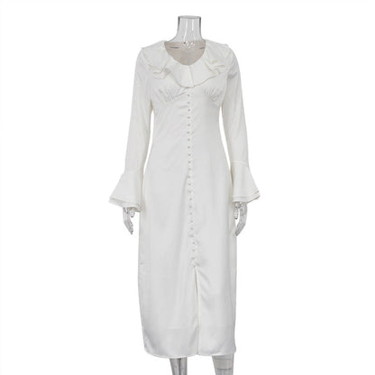 French Ruffled V neck Bell Sleeve Single Breasted Elegant Slim Dress for