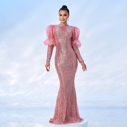 High End Long Sleeve Crew Neck Long Sequined Cocktail Evening Dress Bridesmaid Dress