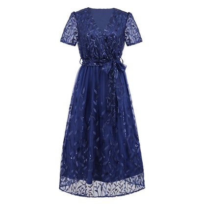 Embroidered Bright Yarn Mesh DressSlim Fit V neck Mid Length Dress