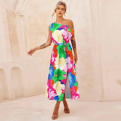Elegant Slim Printed Dress Off Neck Slit Belt Dress