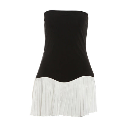 Festival Color Contrast Backless Slim Fit Tube Top Pleated Dress