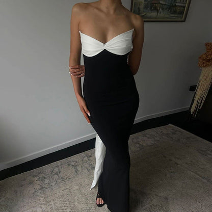 Color Contrast Backless Bow Tube Top Ribbon Dress