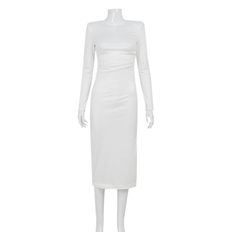 Fall Elegance Solid Color Slim Fit Slimming Waist Padded Shoulder Split Dress