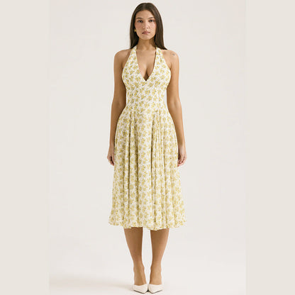 Deep V Plunge Floral A Line Dress Backless Halter Short