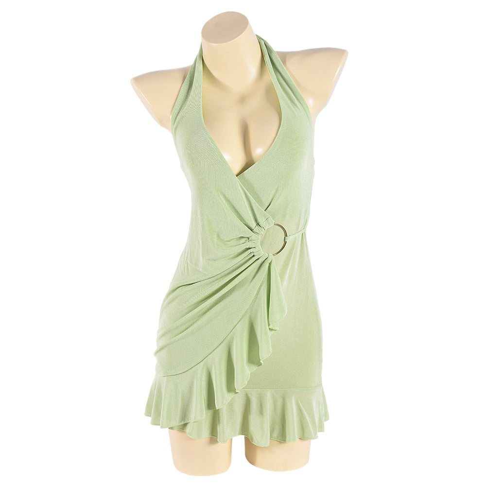 Hollow Out Cutout Exposed Neck Bandeau Glossy Stretch Dress