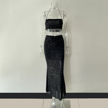 Mesh Camisole Vest Cropped Midi Dress Two Piece Vacation Sequined Sets