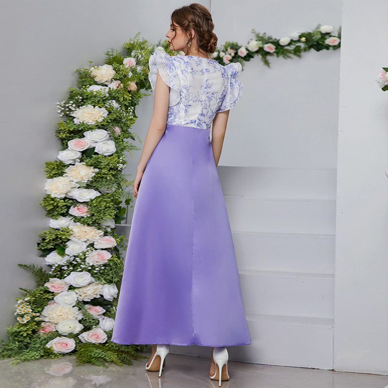 High Waist V neck Petal Sleeve Digital Printing Stitching Dress