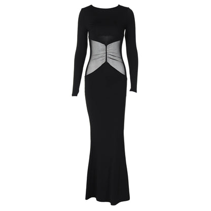 Fall round Neck Pullover Long Sleeve Mesh Slim Fit Patchwork Hip Bag Dress
