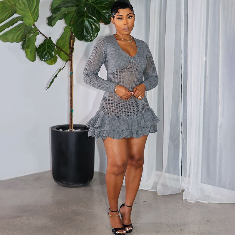 Deep V Plunge neck Slim Fit Long Sleeve Dress Wooden Ear Hip