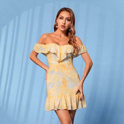 Holiday Tube Top Off Shoulder Ruffled Short Sleeves Dress