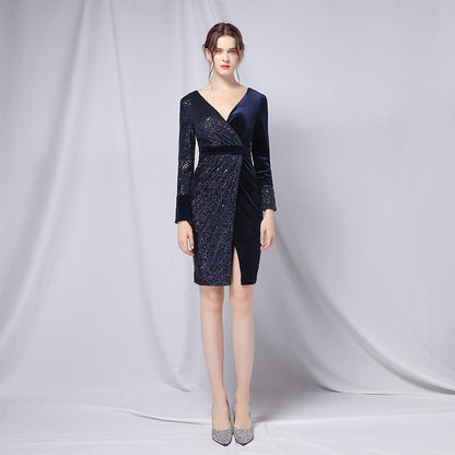 Korean Velvet Polyester Sequin Evening Dress Black Velvet Slimming Fishtail Dress Cocktail Short Length