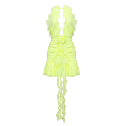 Fall Chiffon Floral Dress Yellow Pink Barbie See through Sling