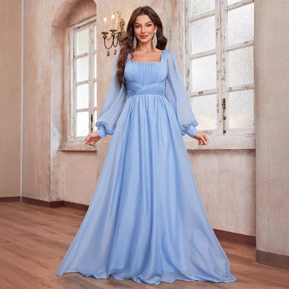 Chiffon Square Collar Dress Lantern Sleeve Elegant Graceful Ground Dress