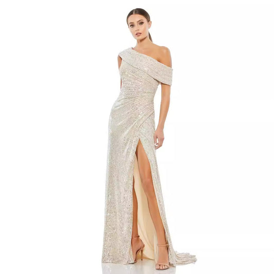Fashionable Sequ Diagonal Collar High Slit Socialite Dress (4 Colors)