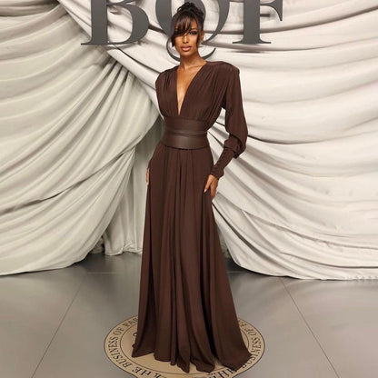 Chocolate Design Waist Seal Pleated Dress Brown Dress