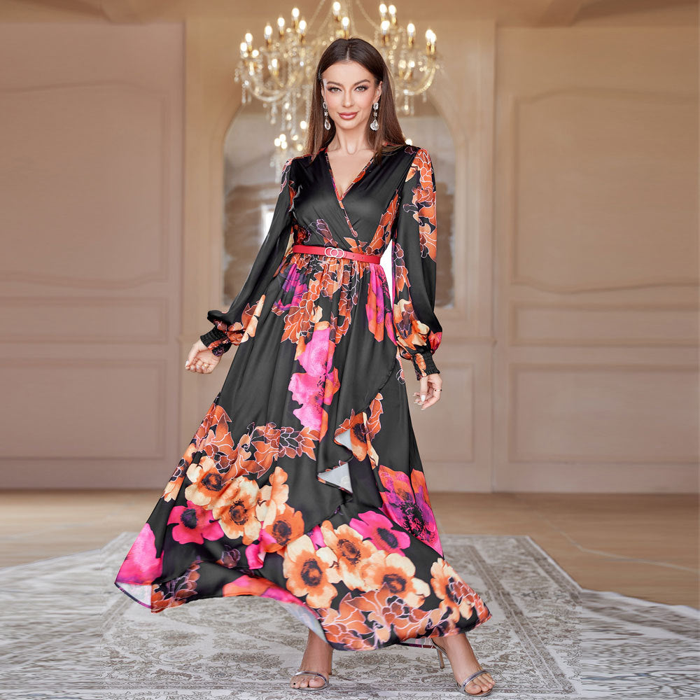 Fall V neck French High Waist Big Swing Dress with Belt