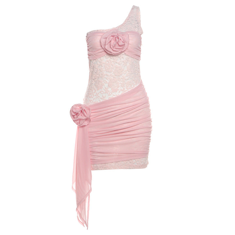 Floral Decorative Lace Sheath One Shoulder Hollow Out Cutout Slim Dress