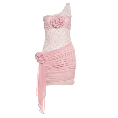 Floral Decorative Lace Sheath One Shoulder Hollow Out Cutout Slim Dress