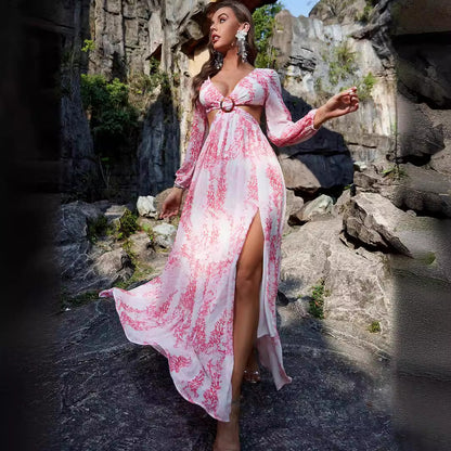 Chiffon Printed Long Sleeve Hollow Out Cutout Out Split Maxi Dress