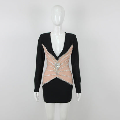 Graceful Rhinestones Tassel V neck Bandage Dress