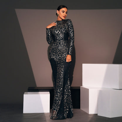 Evening Dress Long Sleeve Crew Neck Slim Long Sequined Cocktail Bridesmaid Dress