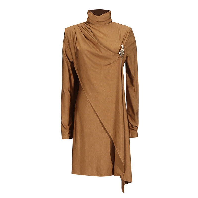 Elegant Socialite Dress Graceful StCollar Pleated Shawl Slim Fit