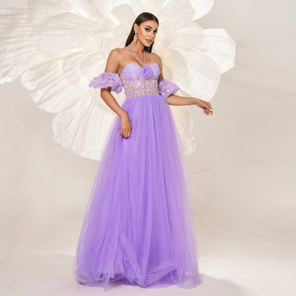 High End Halter Long Cocktail Mesh Large Swing Evening Dress Bridesmaid