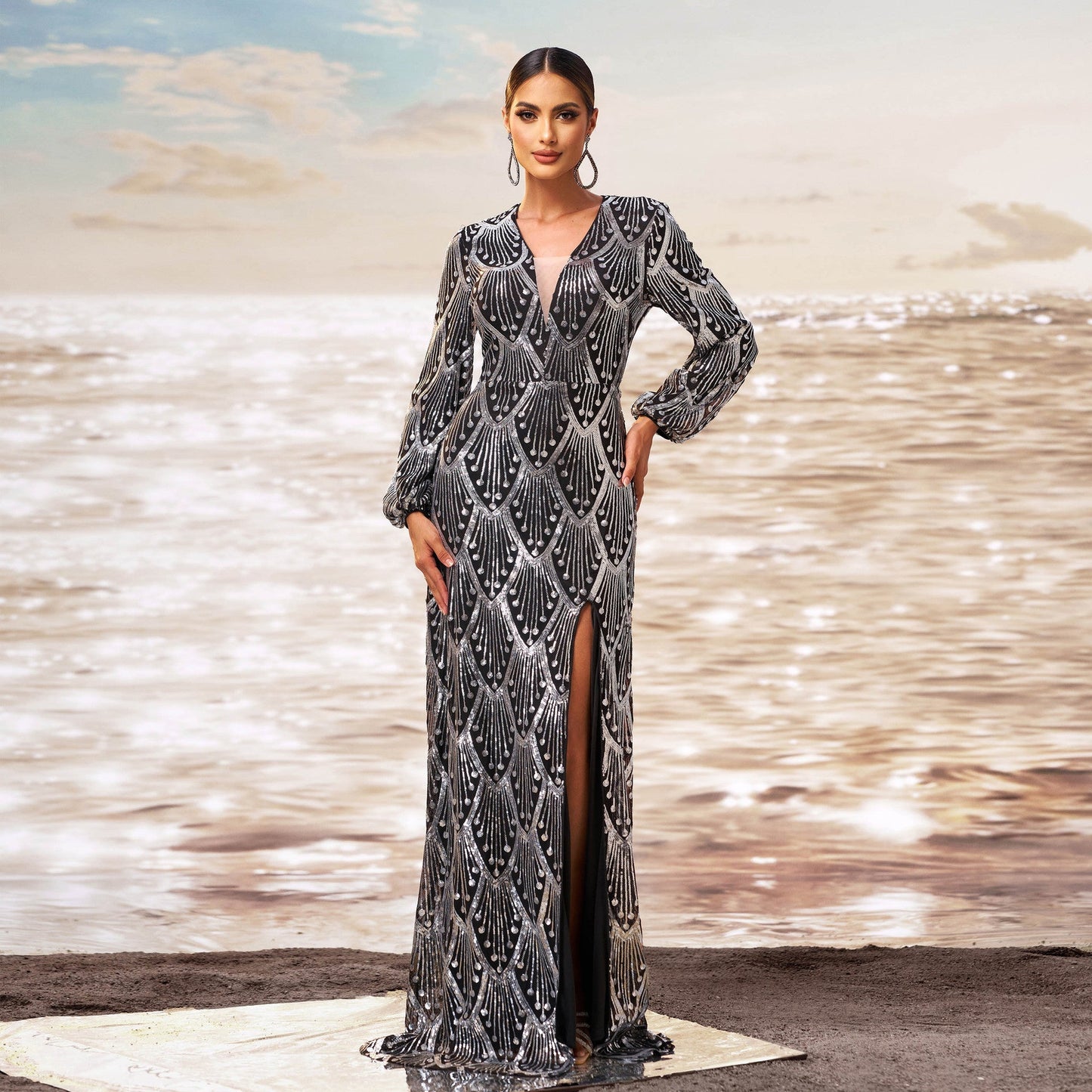 Long Sleeved V neck Cocktail Sequined Hip Split Evening Dress Bridesmaid