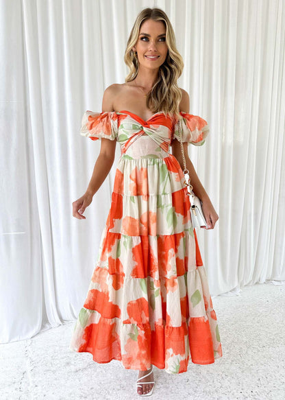Elegant Puff Sleeve V neck Hollow Out Cutout out Printed Dress for