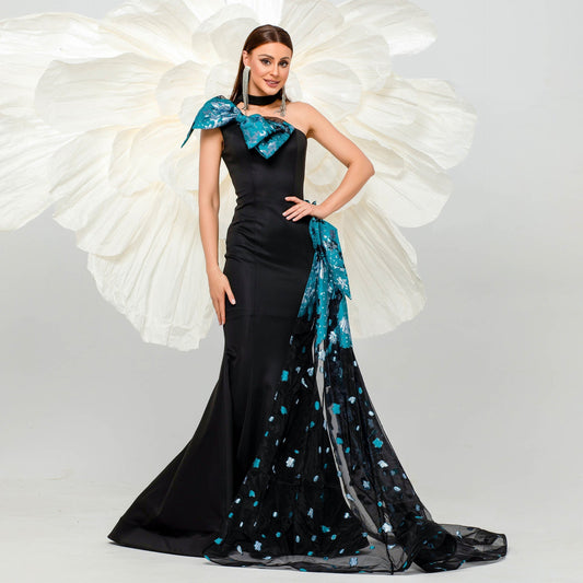 High End Sleeveless Elegant One Shoulder Diagonal Collar Cocktail Hairtail Evening Dress Bridesmaid Dress
