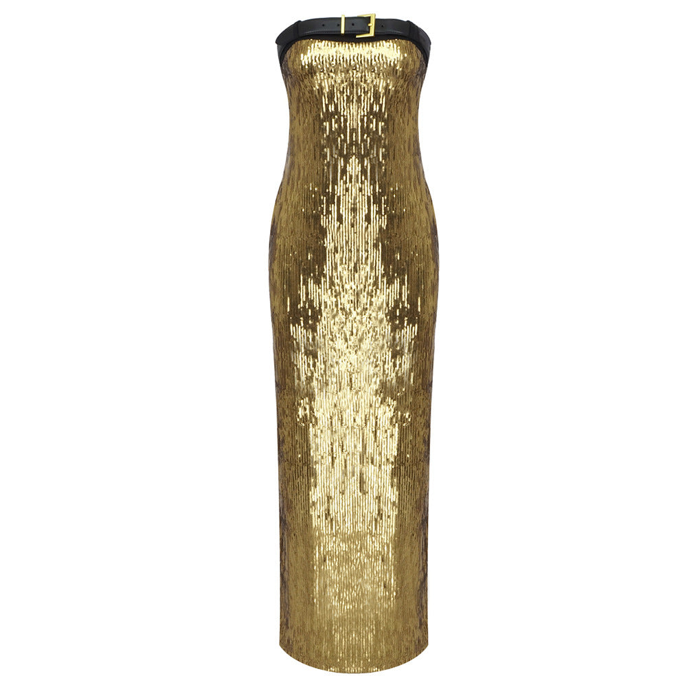 Gold Belt Sequin Strapless Dress Chest Cover French Dress