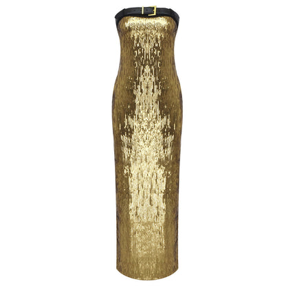 Gold Belt Sequin Strapless Dress Chest Cover French Dress