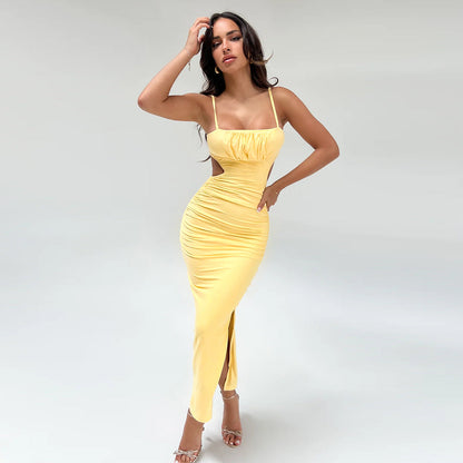 Cami Dress Backless Ruffle Hip Side Slit Maxi Dress