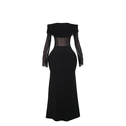 Fall Maxi Dress Elegant Slim off Shoulder Mesh