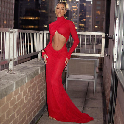High Collar Long Sleeve Cutout Bare Cropped Slim Fit Hip Bag Dress
