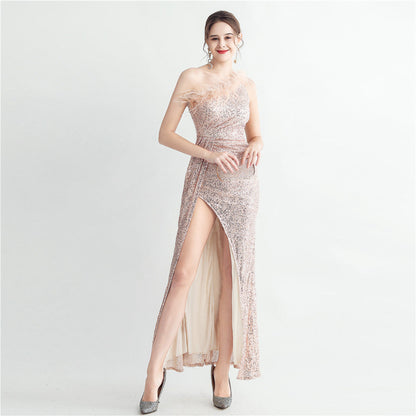HNailed Ostrich Feather Off Shoulder Roman Collar High End Sequined Evening Dress
