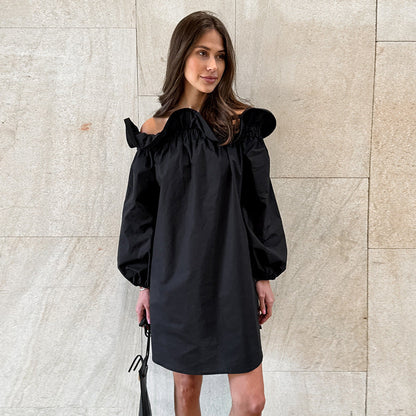 Loose Comfortable off Shoulder Long Sleeve Solid Color Homewear Cotton Simple Casual Nightdress