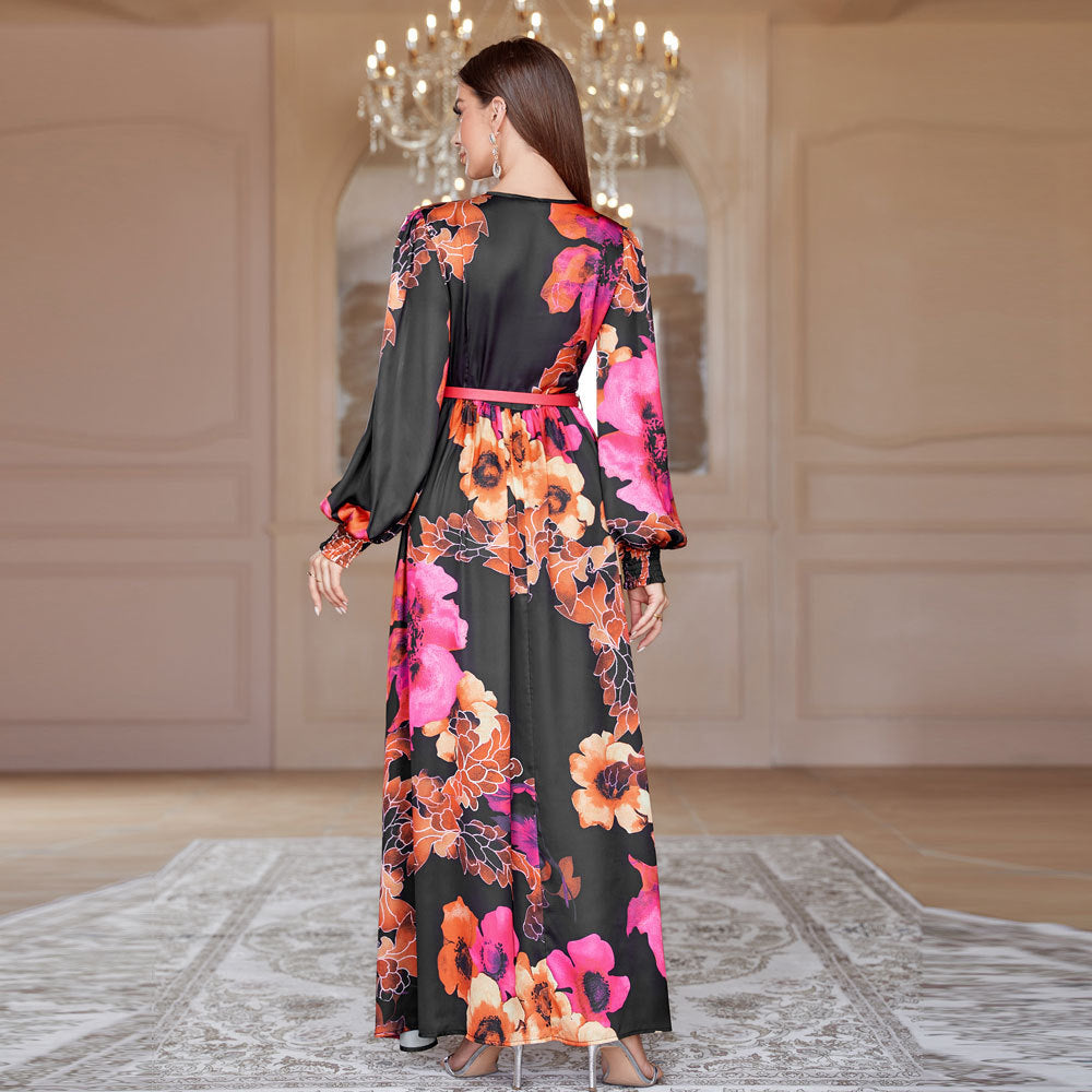 Fall V neck French High Waist Big Swing Dress with Belt