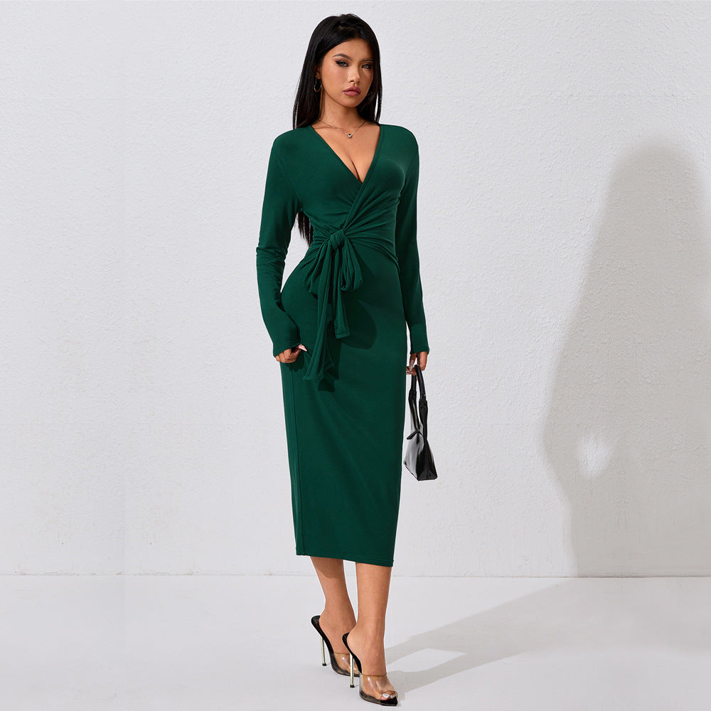High Cold Elegant Dress  High Sense Anti Aging Lace up Midi Dress
