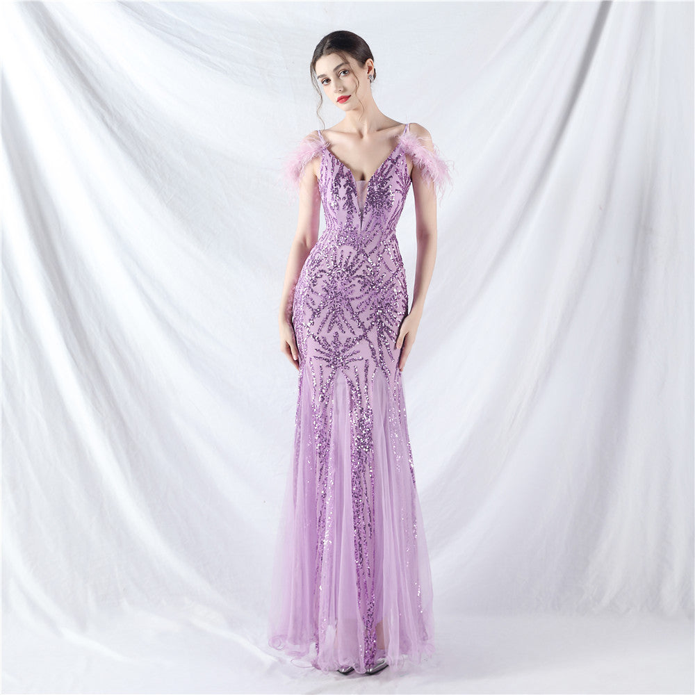 Color Craft Order Ostrich Feather Mesh Sequin Sling Dress Evening Dress