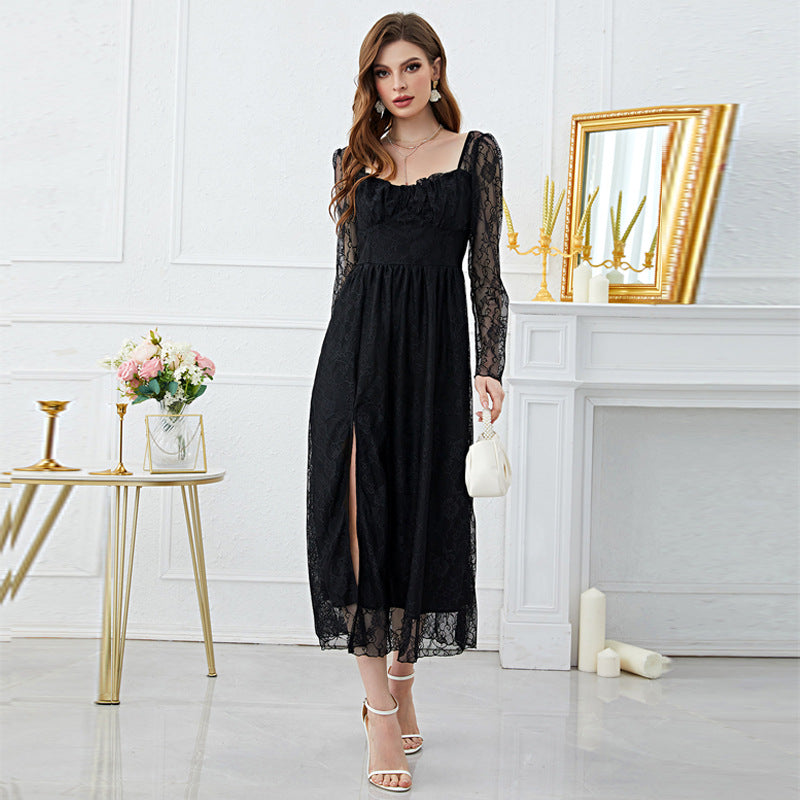 Lace Square Collar High Slit Dress