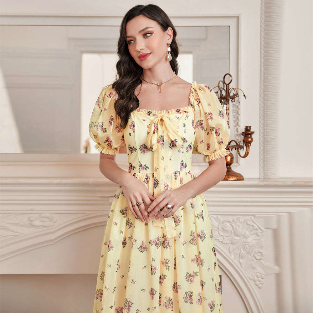 Elegant Mesh Square Collar Puff Sleeve High Waist Dress