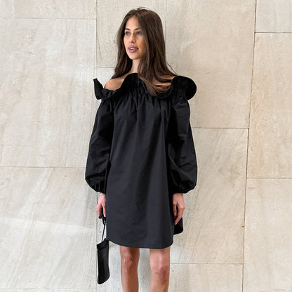 Loose Comfortable off Shoulder Long Sleeve Solid Color Homewear Cotton Simple Casual Nightdress