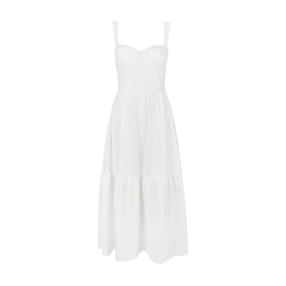 Cami Dress Cotton Linen Jacquard Mid Length Dress White Dress for Sweet Spicy