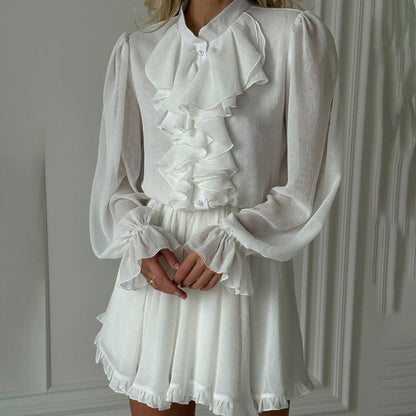 French Elegant Short Design Ruffled StCollar Long Sleeve Elastic Waist A line Dress