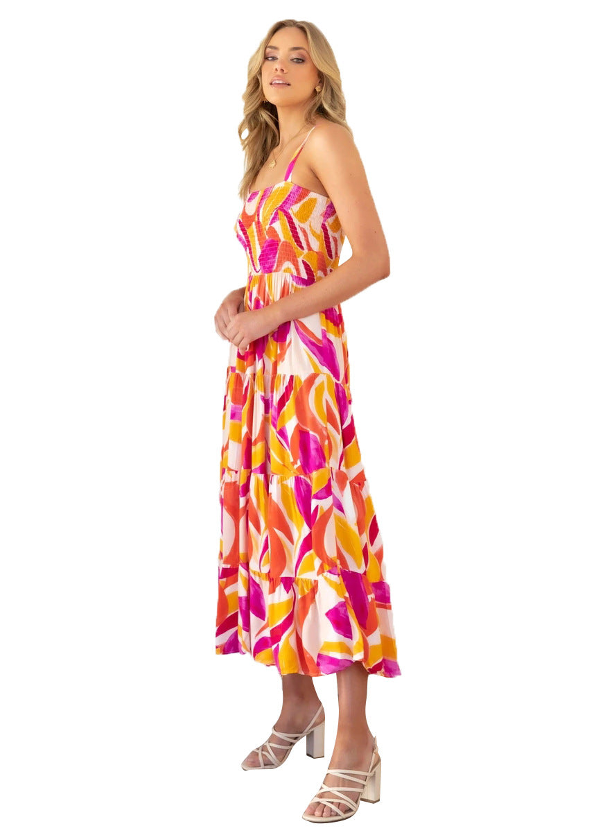 Camisole Tube Top Cinched Waist Large Printed Dress for Abstract Floral