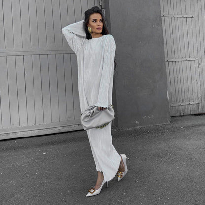 Dress Pleated round Neck Long Sleeve Solid Color Loose Maxi Dress Slimming Casual