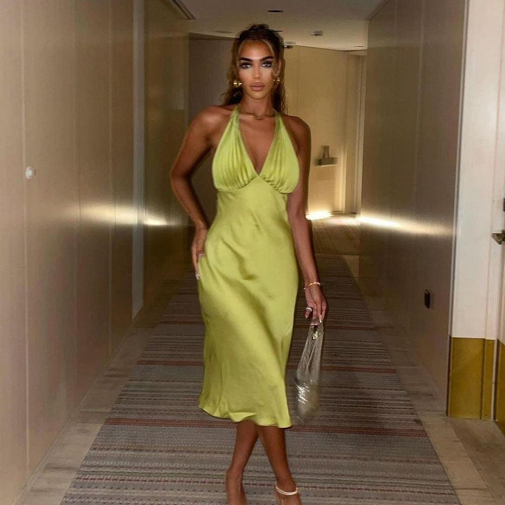 High Waist Midi Dress Strap Type Sleeveless V-neck One-Step Dress Pleated