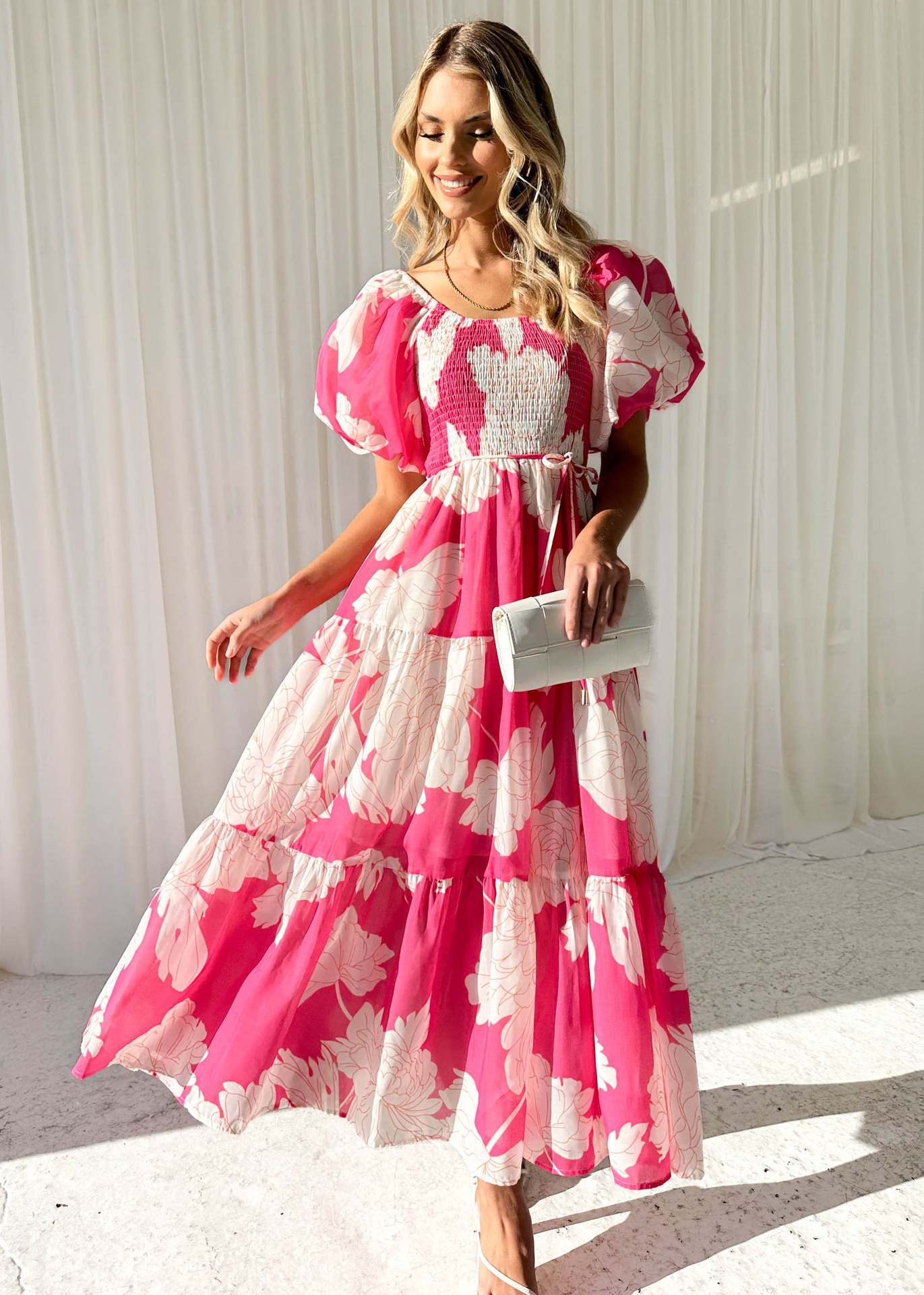 Elegant Floral Print off Shoulder Puff Sleeve