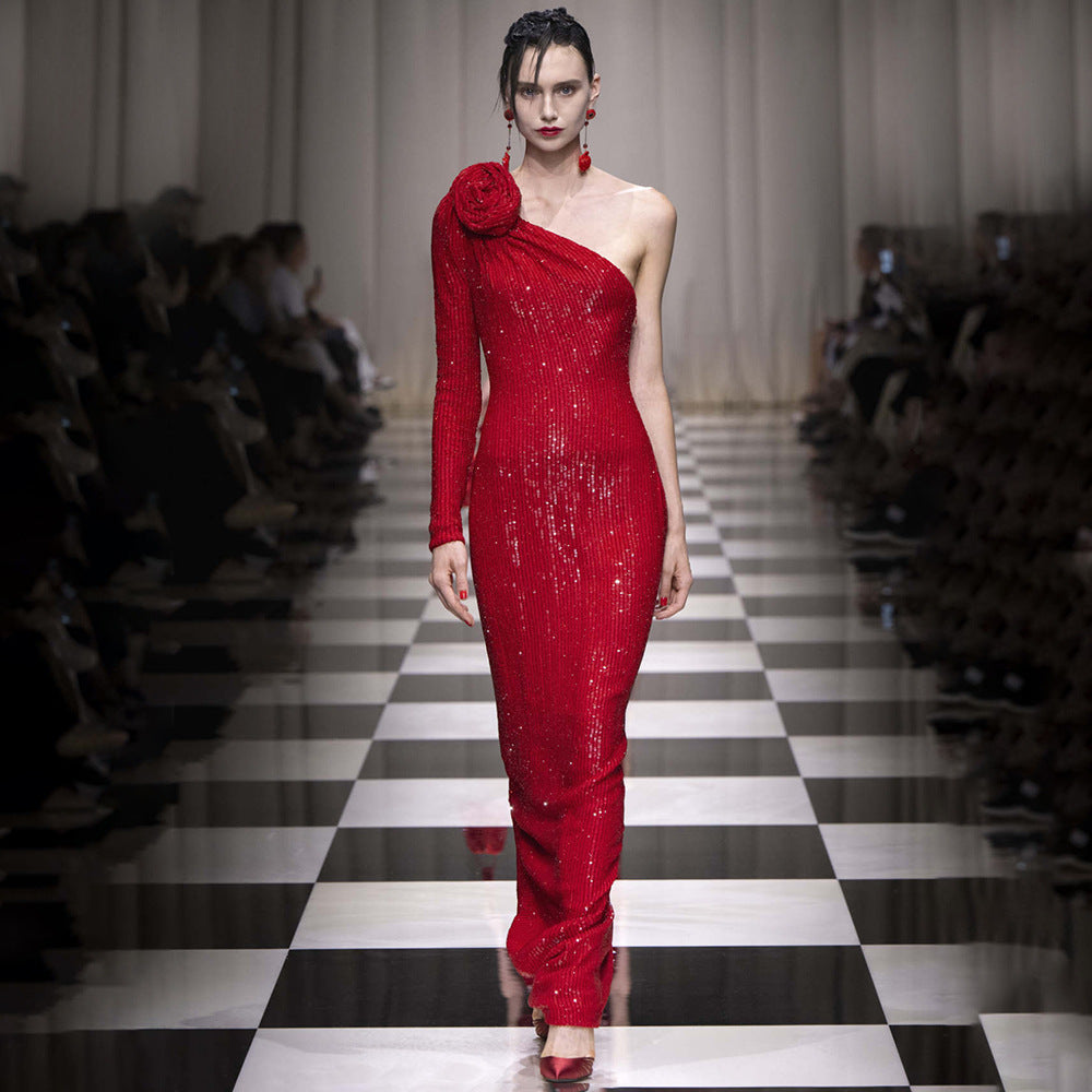 Christmas Red Three-Dimensional One Shoulder Floral Sequin Formal Dress Stretch Dress Winter